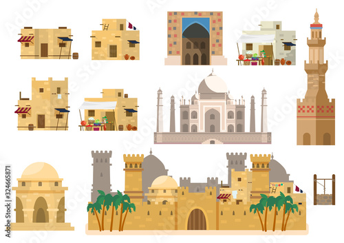Vector set of arabic architecture. Houses, Taj Mahal, rotunda, castle, towers, market building, gates, well. Mud brick buildings. Flat style.
