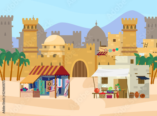 Vector illustration of Middle Eastern scene. Castle with towers and gates. Arabian houses. Fabric and carpets store, vegetable market. Desert landscape. Flat style.