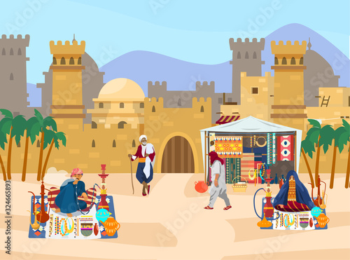 Vector illustration of Middle Eastern scene. Castle with towers and gates. Arabian houses. Street trade. Man smoking hookah. Veiled woman sells jewelry and ceramics. Desert landscape. Flat style.