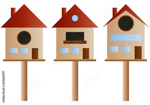 Pajarera en forma de casa para aves. 