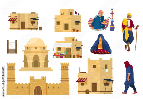 Vector set of Middle Eastern people and architecture elements. Old arab man with stick, man smoking hookah, veiled woman, walking man. Traditional houses, castle mud brick wall. Middle Eastern market.