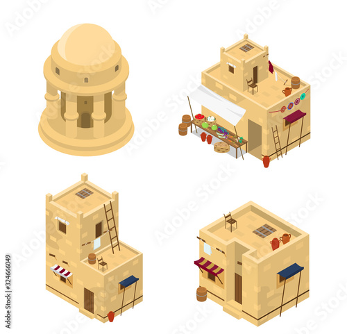 Vector set of isometric arabic buildings. Middle Eastern traditional architecture. Mud brick buildings. Rotunda, market, living houses.