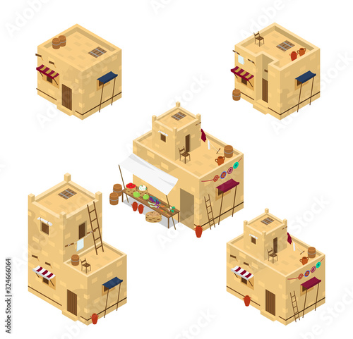 Vector set of isometric arabic living houses and market building. Middle Eastern traditional architecture. Mud brick buildings.