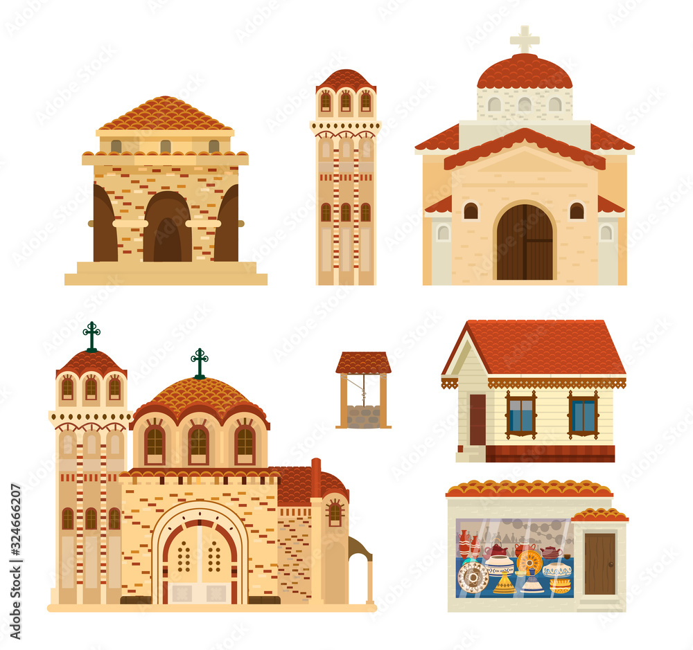 Vector set of Byzantinian buildings. Ancient architecture. Churches, rotunda, living house, ceramics workshop, tower, well. Middle Eastern culture. Flat illustration.