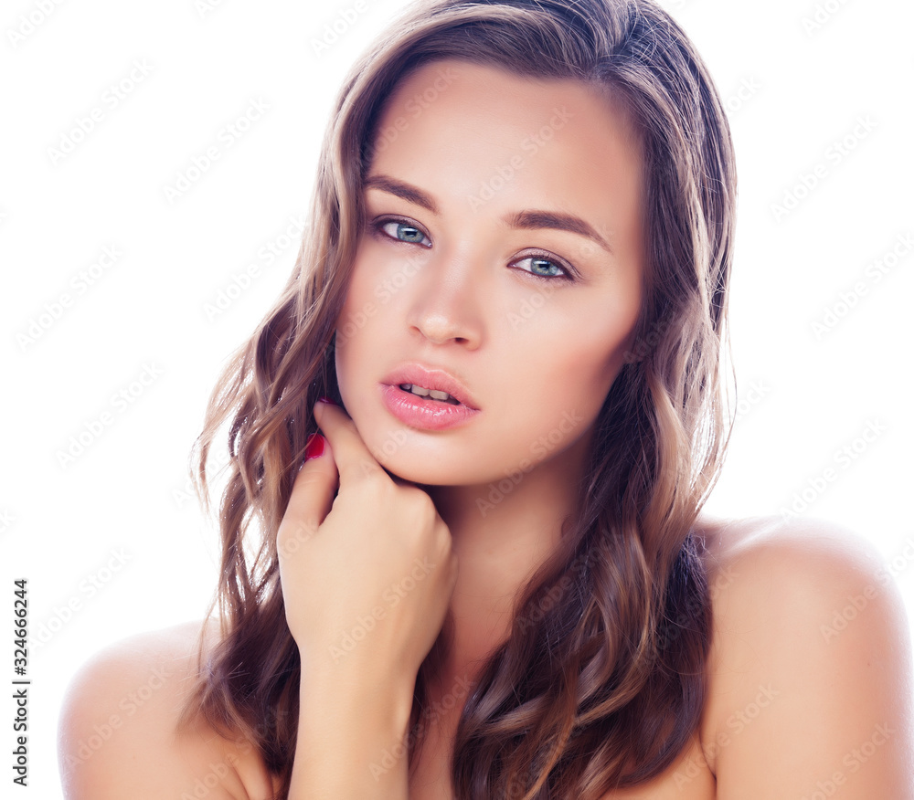 perfect beauty real brunette woman isolated on white background smiling spa makeup, positive girl perfect beauty real brunette woman isolated on white background smiling spa makeup, positive girl