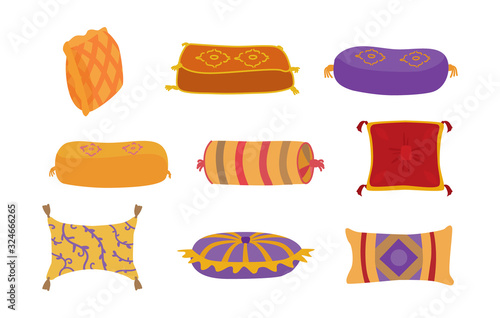 Colorful decorative pillows isolated on white. Cushions for arab or indian interior design. Vector set in cartoon style.