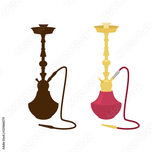 Hookah black silhouette and in color. Golden shisha with red glass. Cartoon vector. Isolated on white.