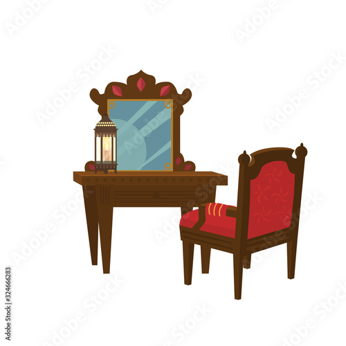 Ancient wooden toilet table with chair. Retro furniture in arabian style. Cartoon vector illustration. Isolated on white.
