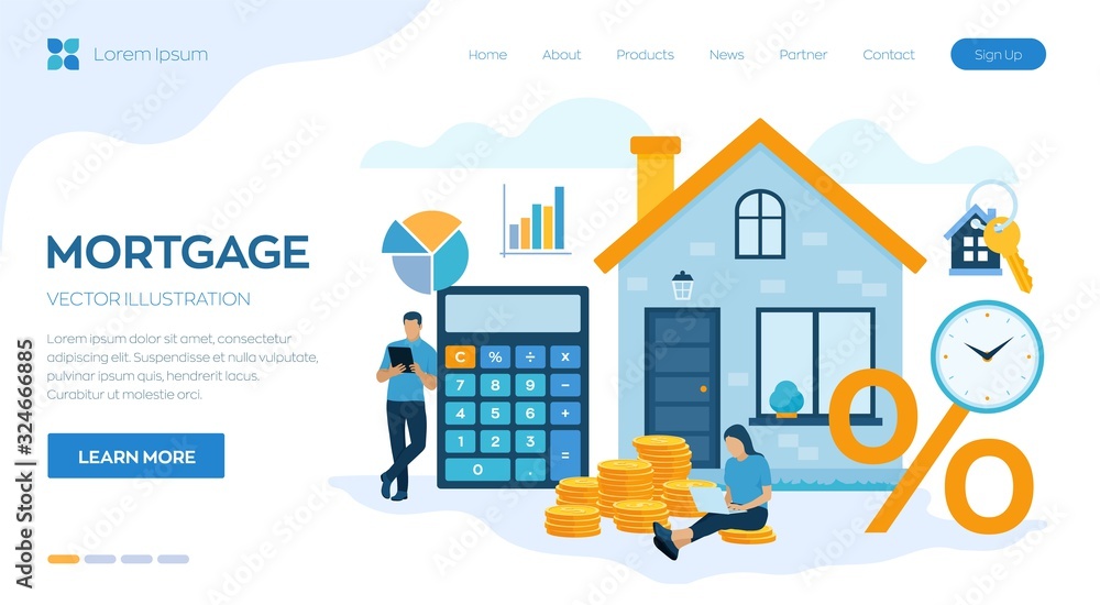 Mortgage concept. House loan or money investment to real estate. Property money investment contract. Family Buying Home. Man calculates home mortgage rate. Vector illustration with characters. Mortgage concept. House loan or money investment to real estate. Property money investment contract. Family Buying Home. Man calculates home mortgage rate. Vector illustration with characters.