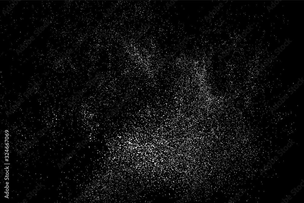 Fototapeta White Grainy Texture Isolated On Black Background. Dust Overlay. Light Coloured Noise Granules. Snow Vector Elements. Digitally Generated Image. Illustration, Eps 10.