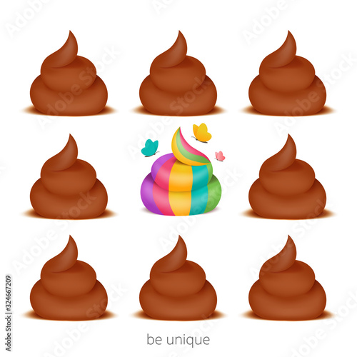 Be unique concept card with rainbow unicorn poo. 3d cartoon style