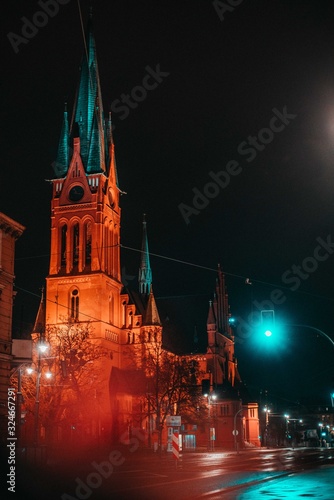 church with street lights