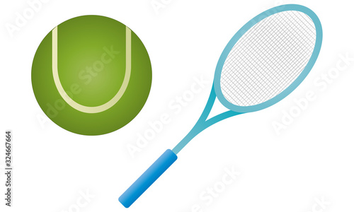 Raqueta azul y pelota de tenis.