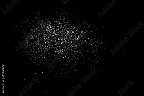White Grainy Texture Isolated On Black Background. Dust Overlay. Light Coloured Noise Granules. Snow Vector Elements. Digitally Generated Image. Illustration, Eps 10.