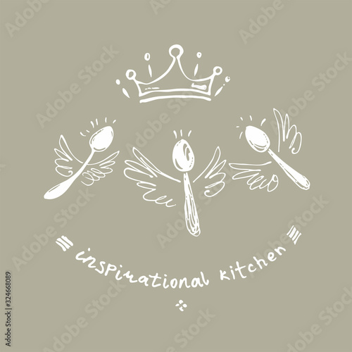 Inspirational kitchen. Illustration as a child's drawing a funny winged spoons with a crown. Funny picture drawn by pencils. Logo for cooking, cafe, street food, cooking courses and more.