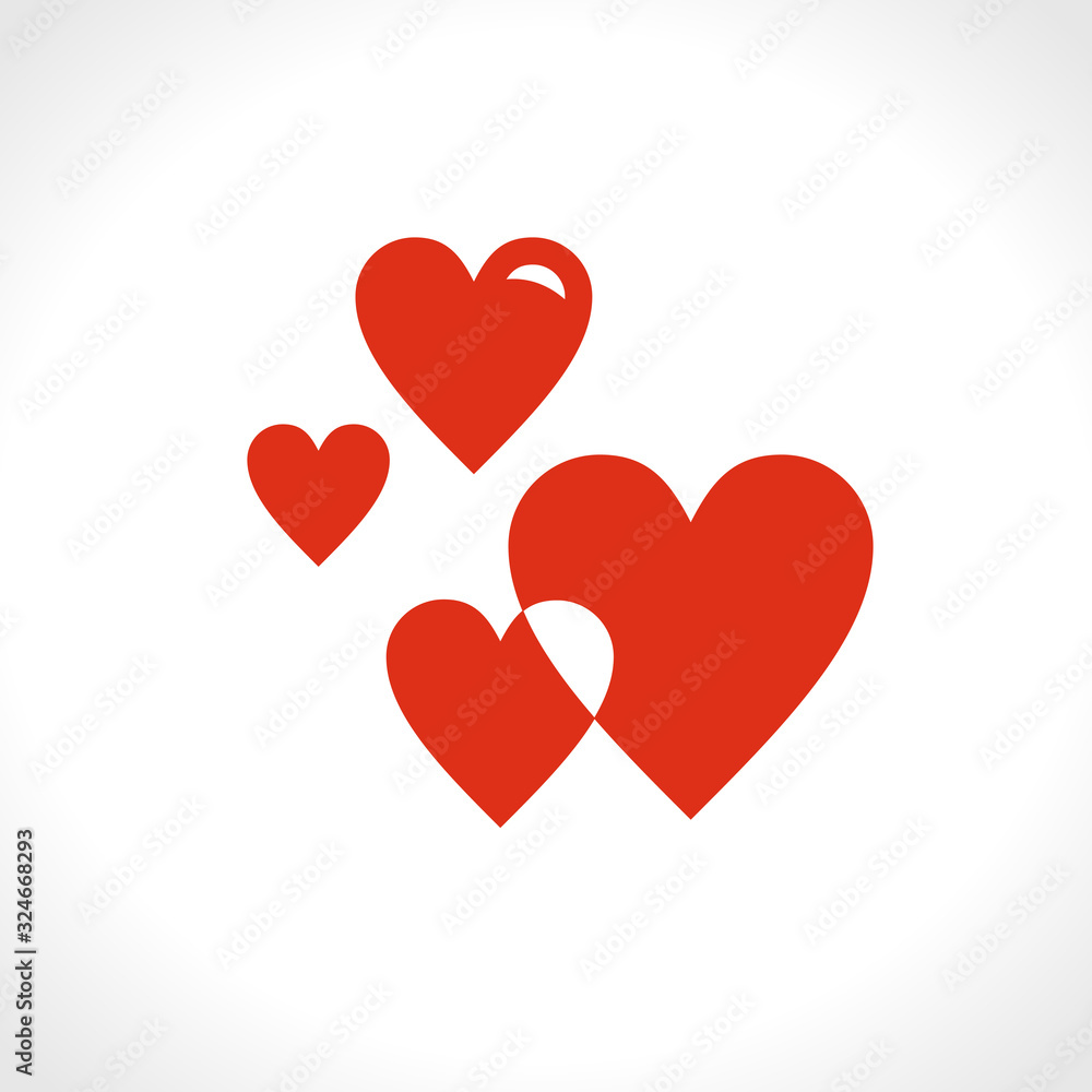 Red hearts. Flat vector template of four hearts of different sizes of the same shape. Two hearts intersect.