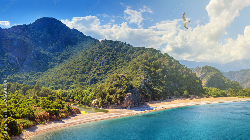 Summer mediterranean coastal landscape - view of the Cirali Olympos Beach, near the Turkish village of Cıralı, Antalya Province in Turkey
