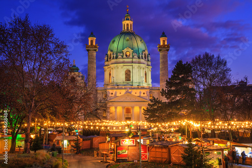 Photography Festive cityscape - view of the Christmas Market on Karlsplatz (Charles' Square) and the Karlskirche (St