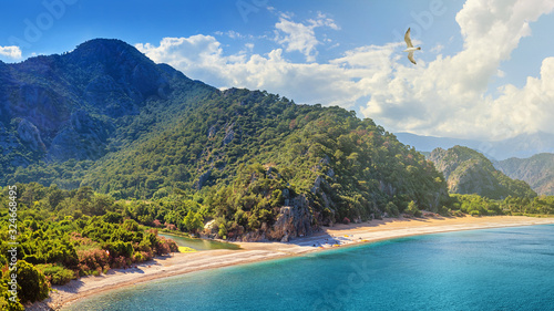 Obraz na płótnie Summer mediterranean coastal landscape - view of the Cirali Olympos Beach, near the Turkish village of Cıralı, Antalya Province in Turkey w salonie