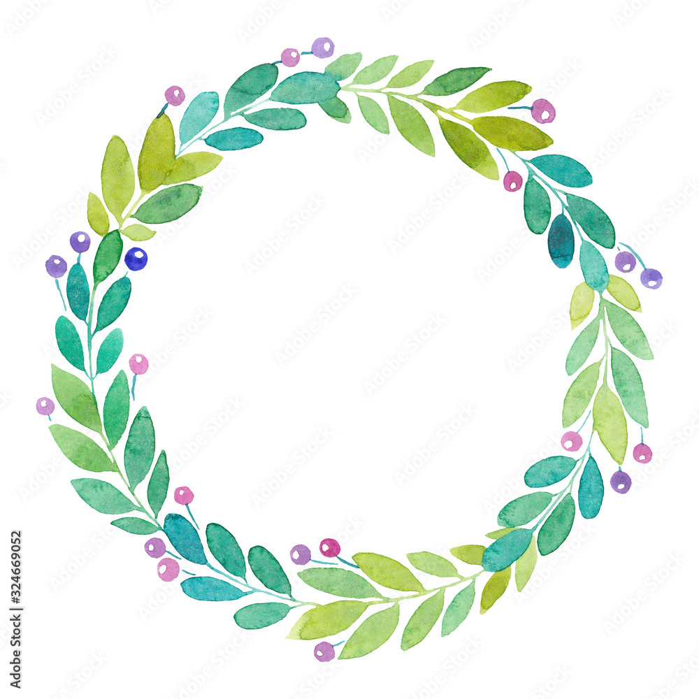 Watercolor spring green wreath of twigs, berries and leaves, copy space, greetings card, isolated on white