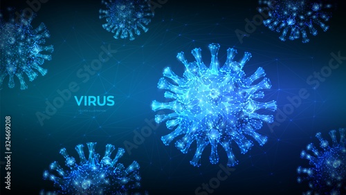 Coronavirus 2019-nCov novel coronavirus low poly abstract concept. Microscopic view of virus cells close up. Dangerous asian ncov corona virus, SARS pandemic risk. 3D polygonal vector illustration.