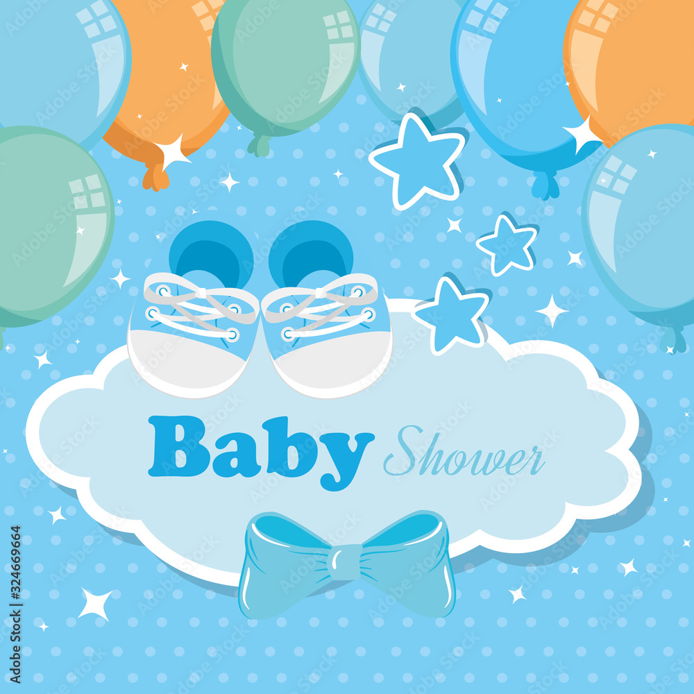 baby shower card with shoes and icons vector illustration design