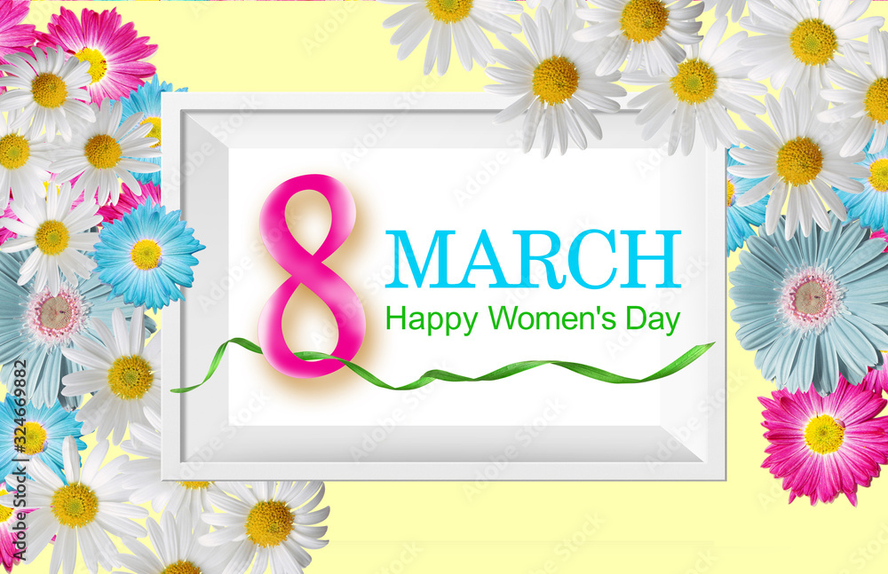 Greeting card on March 8 with beautiful flowers. Congratulations on International Women 's Day Greeting card on March 8 with beautiful flowers. Congratulations on International Women 's Day