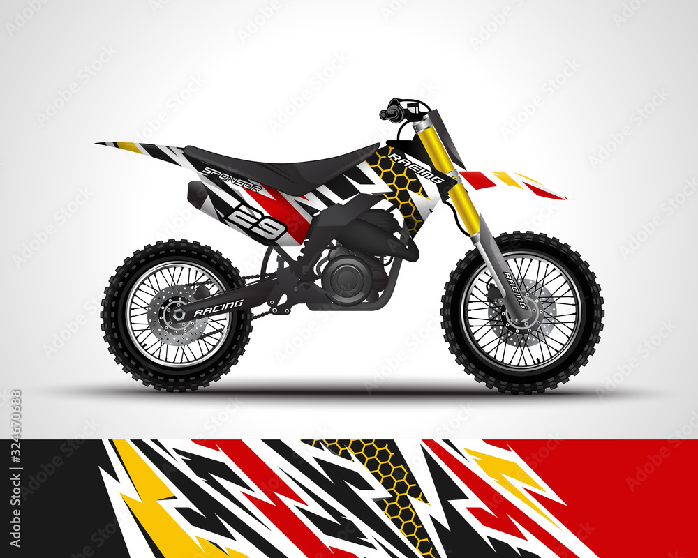 Racing motorcycle wrap decal and vinyl sticker design. Concept graphic abstract background for wrapping vehicles, motorsports, Sportbikes, motocross, supermoto and livery. Vector illustration. Racing motorcycle wrap decal and vinyl sticker design. Concept graphic abstract background for wrapping vehicles, motorsports, Sportbikes, motocross, supermoto and livery. Vector illustration.