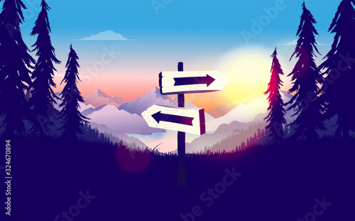 Signpost in wilderness with arrows pointing right and left. Landscape with sunrise, mountains and forest. Decision making, choose direction and life choices concept. Vector illustration.