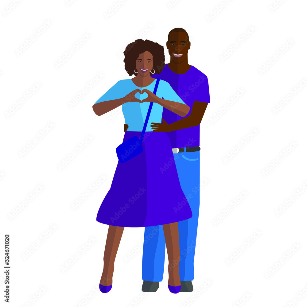 Couple in love blacks. They stand together and show their hearts. Young smiling guy and girl. Vector illustration in flat style.