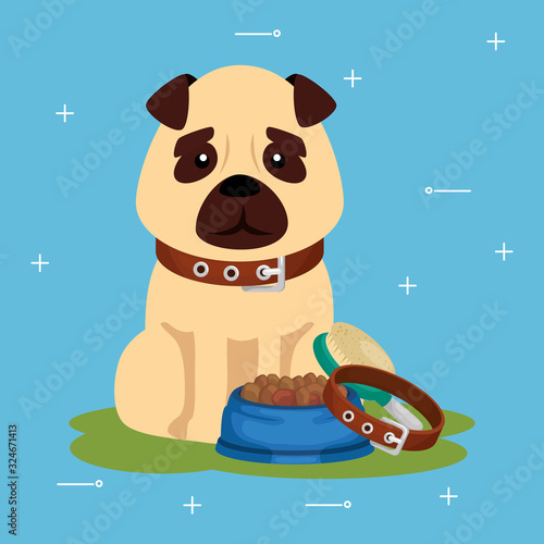 cute dog with dish food and collar vector illustration design
