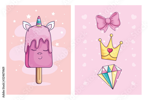 cute unicorn ice cream kawaii with cute set icons vector illustration design