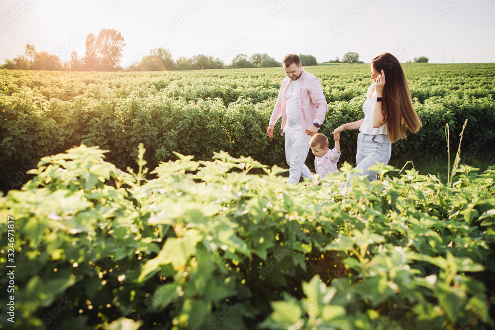 Happy family posing on a green field Happy family posing on a green field