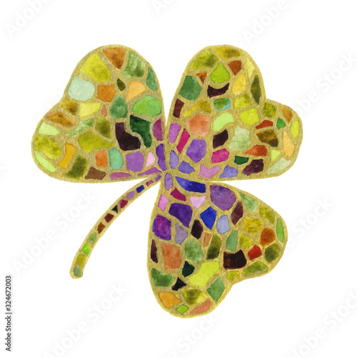Mosaic shamrock illustration. Hand-drawn multi-colored ornamental shamrock on a white background isolated. Decorative element for traditional design for St. Patrick's Day