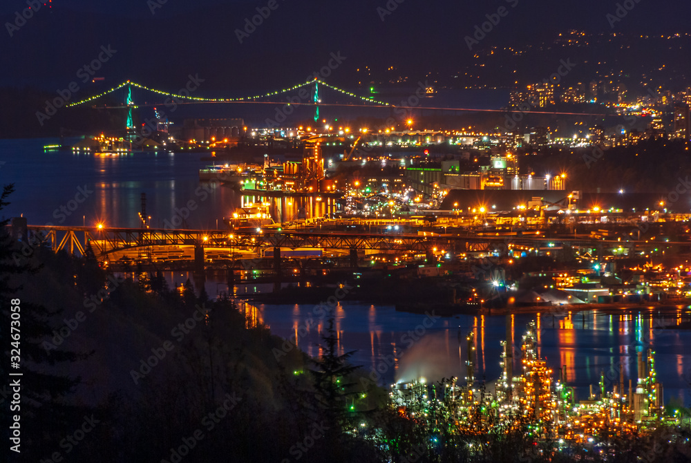 Cityscape Night. Evening illumination in Vancouver, Canada.