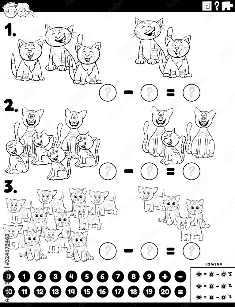 subtraction educational task with cats color book page