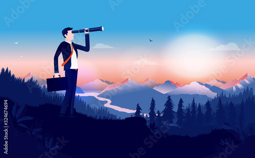 Looking for a job - Businessman in suit outdoors using binocular to search for opportunities. Briefcase in hand and beautiful landscape. Looking for success, finding solutions concept. Illustration.