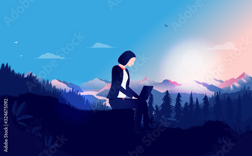 Woman working outside - Female person  sitting writing on laptop early morning in nature with sunrise. Forest and beautiful view in background. Freedom, freelance, work anywhere concept. Illustration.