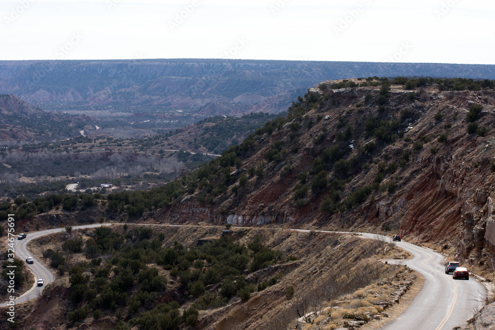 A road curves down into Palo Duro Canyon, Texas