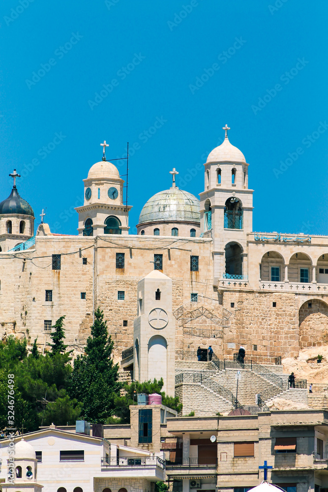 exterior of Our Lady of Saidnaya Monastery, its is a monastery of the Greek Orthodox Church of Antioch located in Saidnaya city, Syria