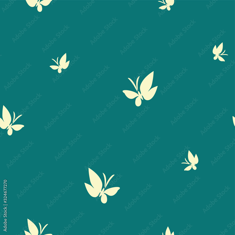 Seamless pattern drawn butterflies. Light yellow moths flutter pattern on turquoise. Simple vector background for design.