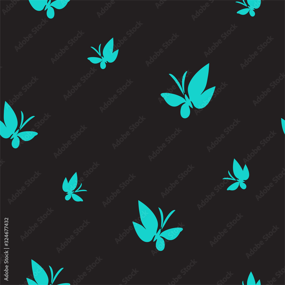 Seamless pattern drawn butterflies. Turquoise moths flutter pattern on black. Simple vector background for design. Seamless pattern drawn butterflies. Turquoise moths flutter pattern on black. Simple vector background for design.