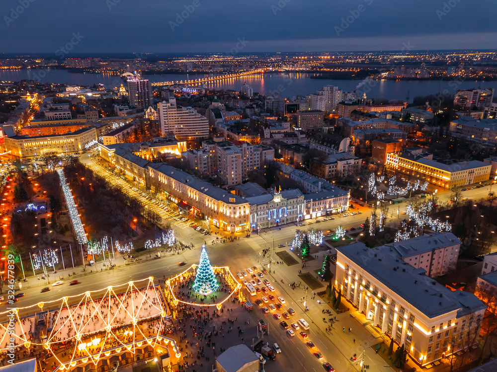 Street illumination during new year celebration in Voronezh, Russia, aerial view