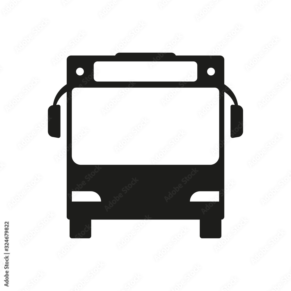 Bus icon. Front view. Black silhouette. Vector graphic drawing. Isolated object on a white background. Isolate. Bus icon. Front view. Black silhouette. Vector graphic drawing. Isolated object on a white background. Isolate.
