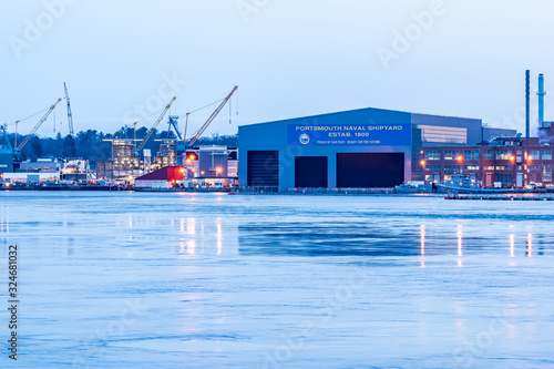 Portsmouth Naval Shipyard during a winter sunrise - Portsmouth, New Hampshire.