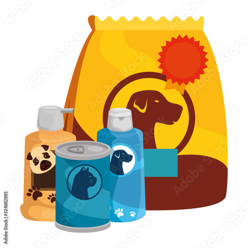bag of food for dog with care products vector illustration design