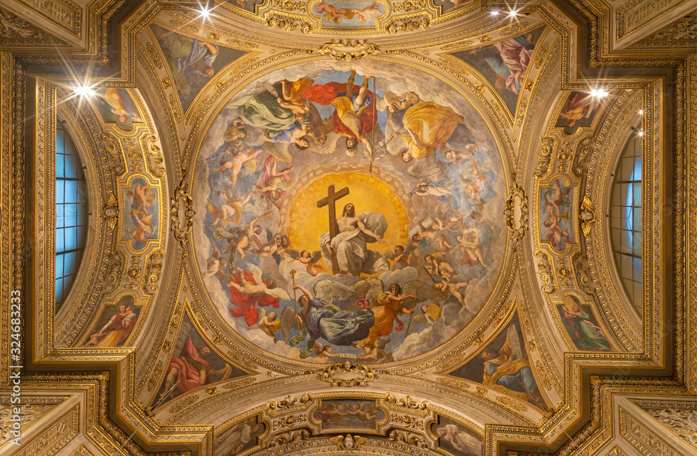 RAVENNA, ITALY - JANUARY 28, 2020: The freco Glory of Resurected Jesus from the cupola of side  chapel in Duomo (cathedral) by Guido Reni (1575 - 1642).