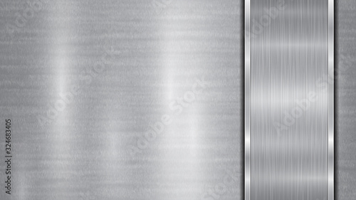 Background in silver and gray colors, consisting of a shiny metallic surface and one vertical polished plate located on right side, with a metal texture, glares and burnished edges