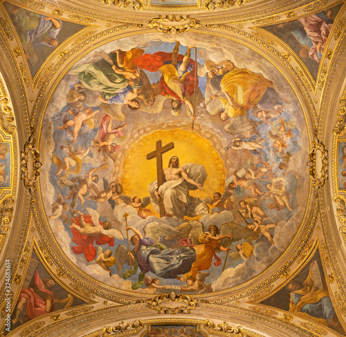 RAVENNA, ITALY - JANUARY 28, 2020: The freco Glory of Resurected Jesus from the cupola of side chapel in Duomo (cathedral) by Guido Reni (1575 - 1642).