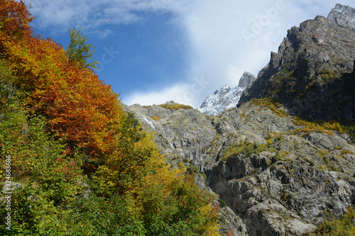 Beatiful nature landscape on the hiking route to Mazeri waterfall, Svaneti, Georgia